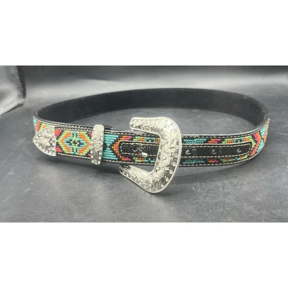 Nocona Girls Western Belt Size 30 Black Leather Aztec Beaded Rhinestone Buckle